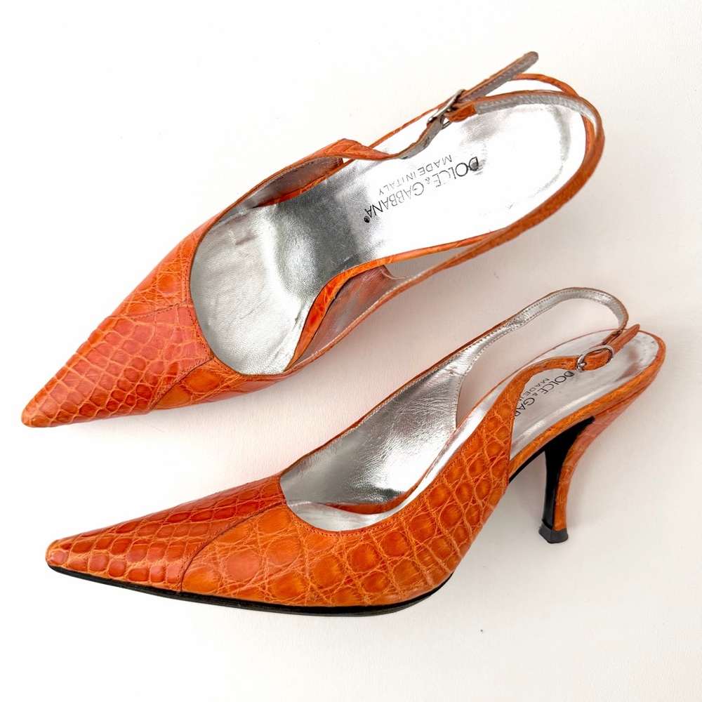 DOLCE & GABBANA | Orange Croc Embossed Slingback Kitten Heels EU 37.5 - Picture 2 of 13